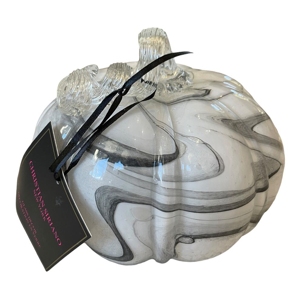 CHRISTIAN SIRIANO Hand Blown Art Glass Pumpkin White Black Swirl Designer Decor